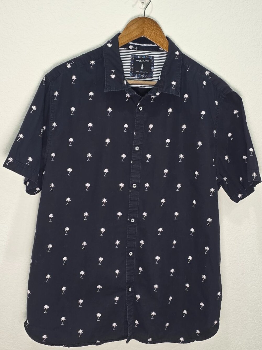 Denim & Flower Men’s XL Navy Palm Tree 100% Cotton Short Sleeve Button Up